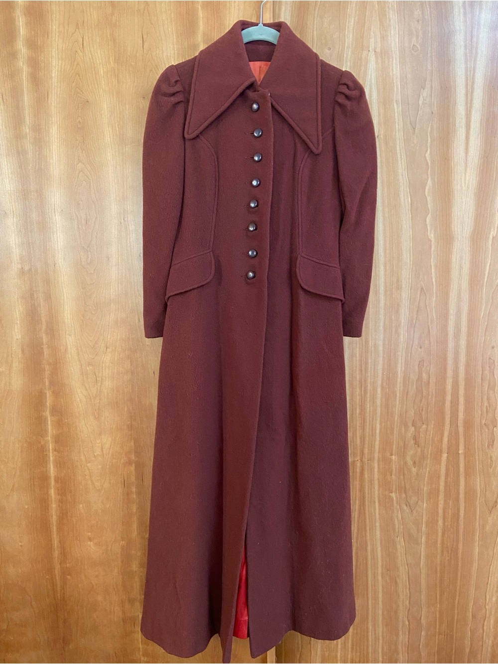 VTG 80s Burgundy Wool Maxi Duster Coat Dagger Collar Puff Sleeve